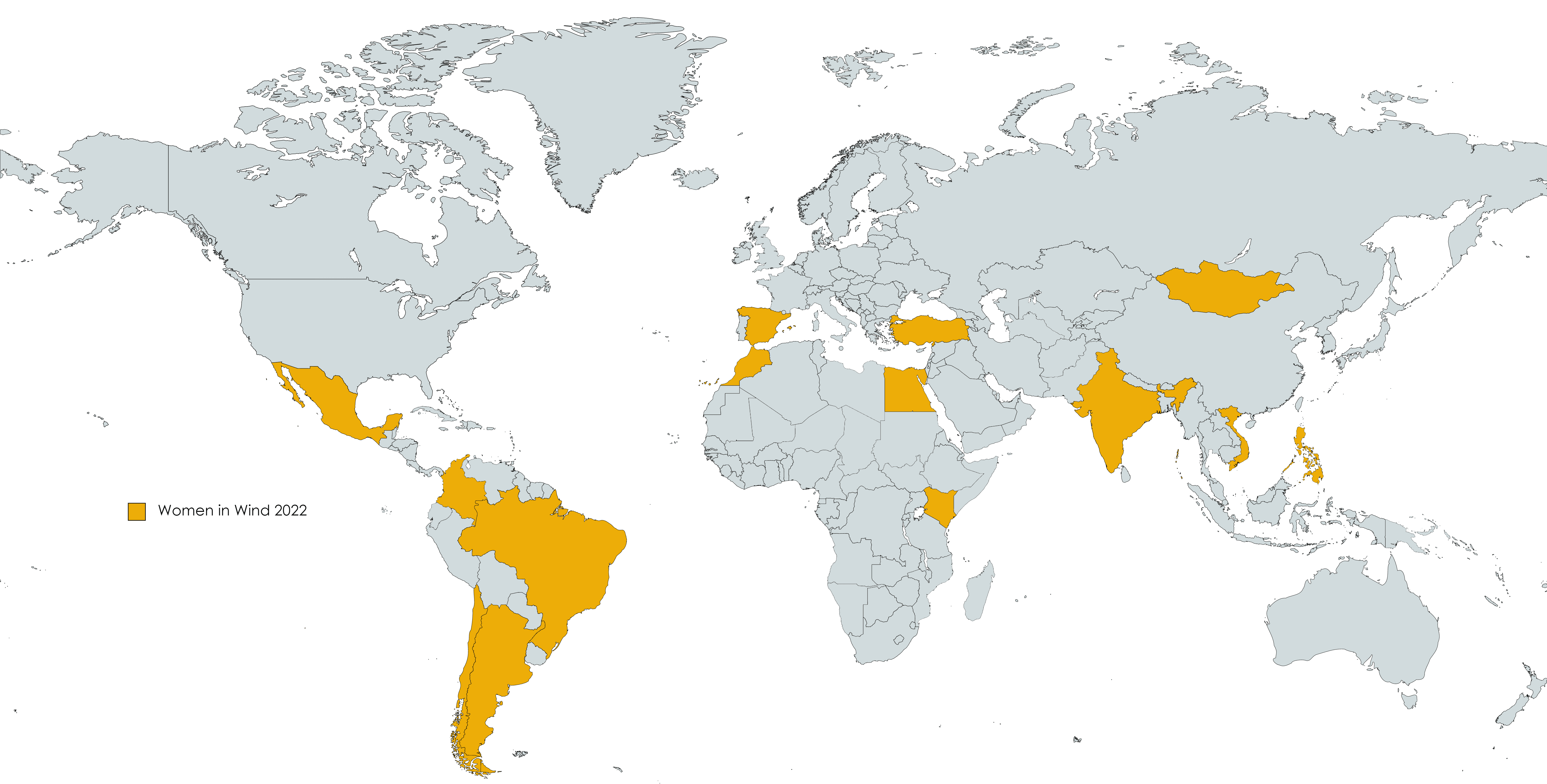 WiW 2022 Mentee Map Map of the world, with mentee countries highlighted