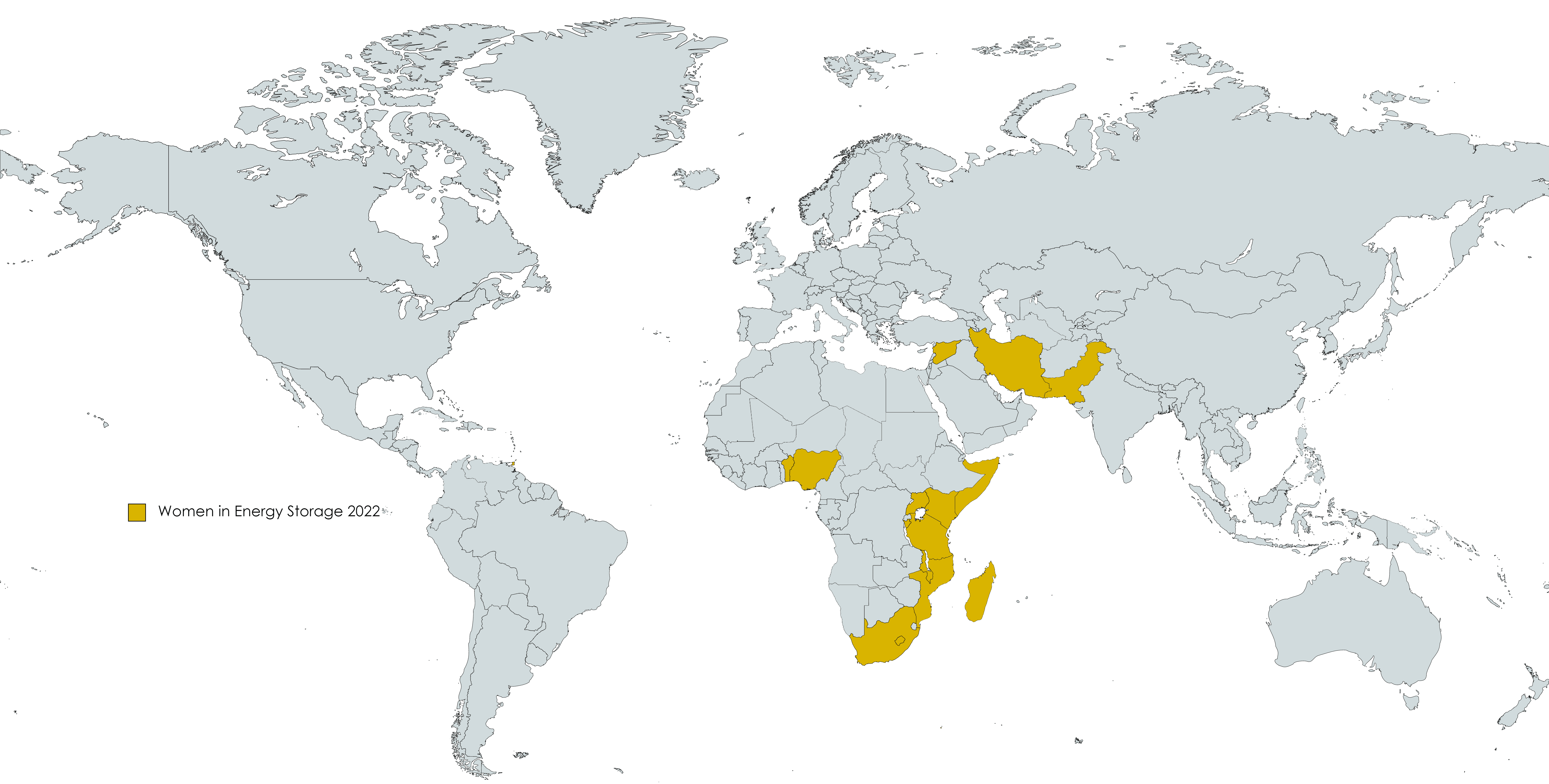 Women in energy storage 2022 map Map of the world with women in energy storage mentee countries highlighted in yellow