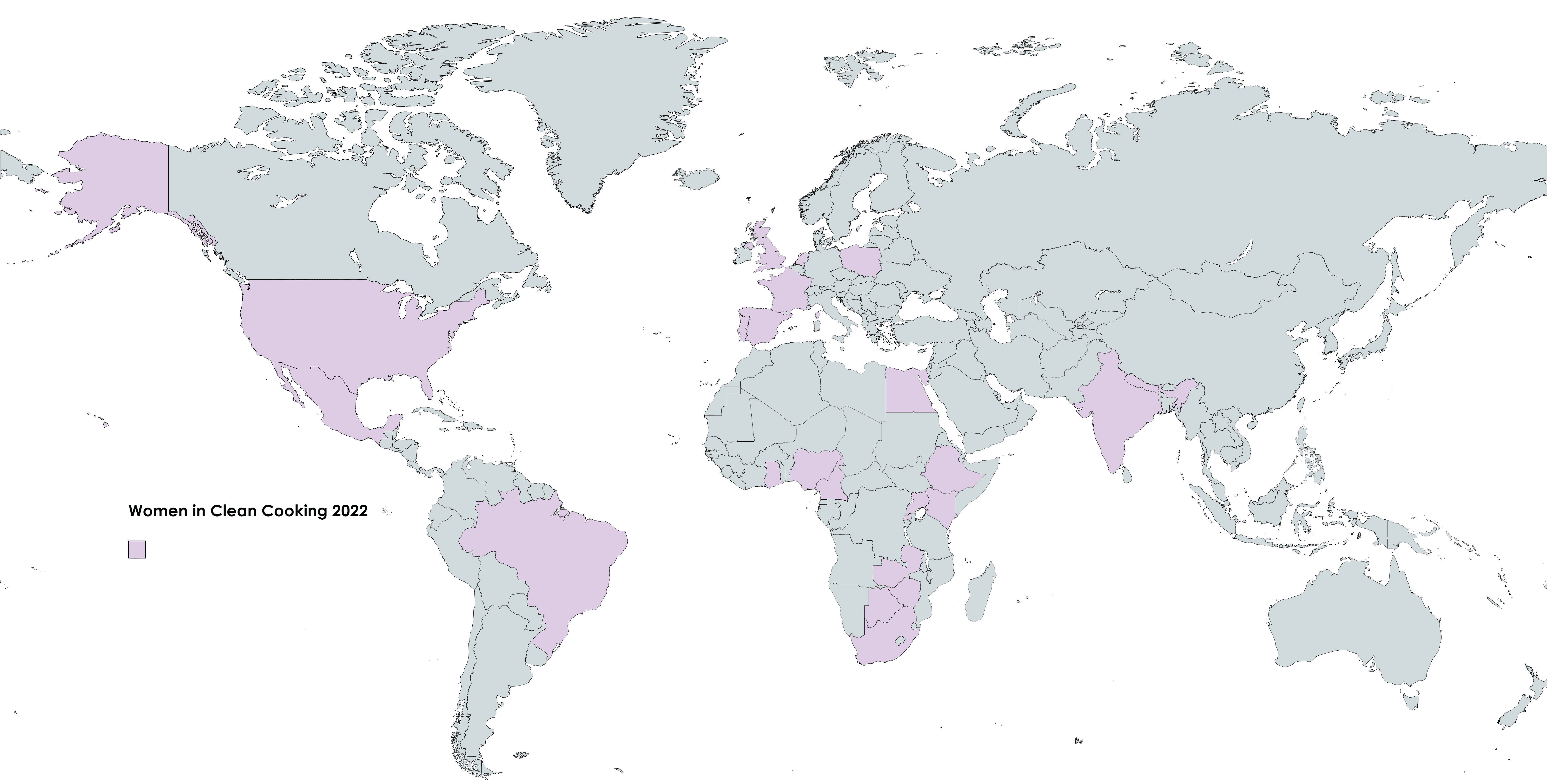 Women_in_Clean_Cooking_2022 Mentees Map of the world with women in clean cooking mentor countries highlighted in purple