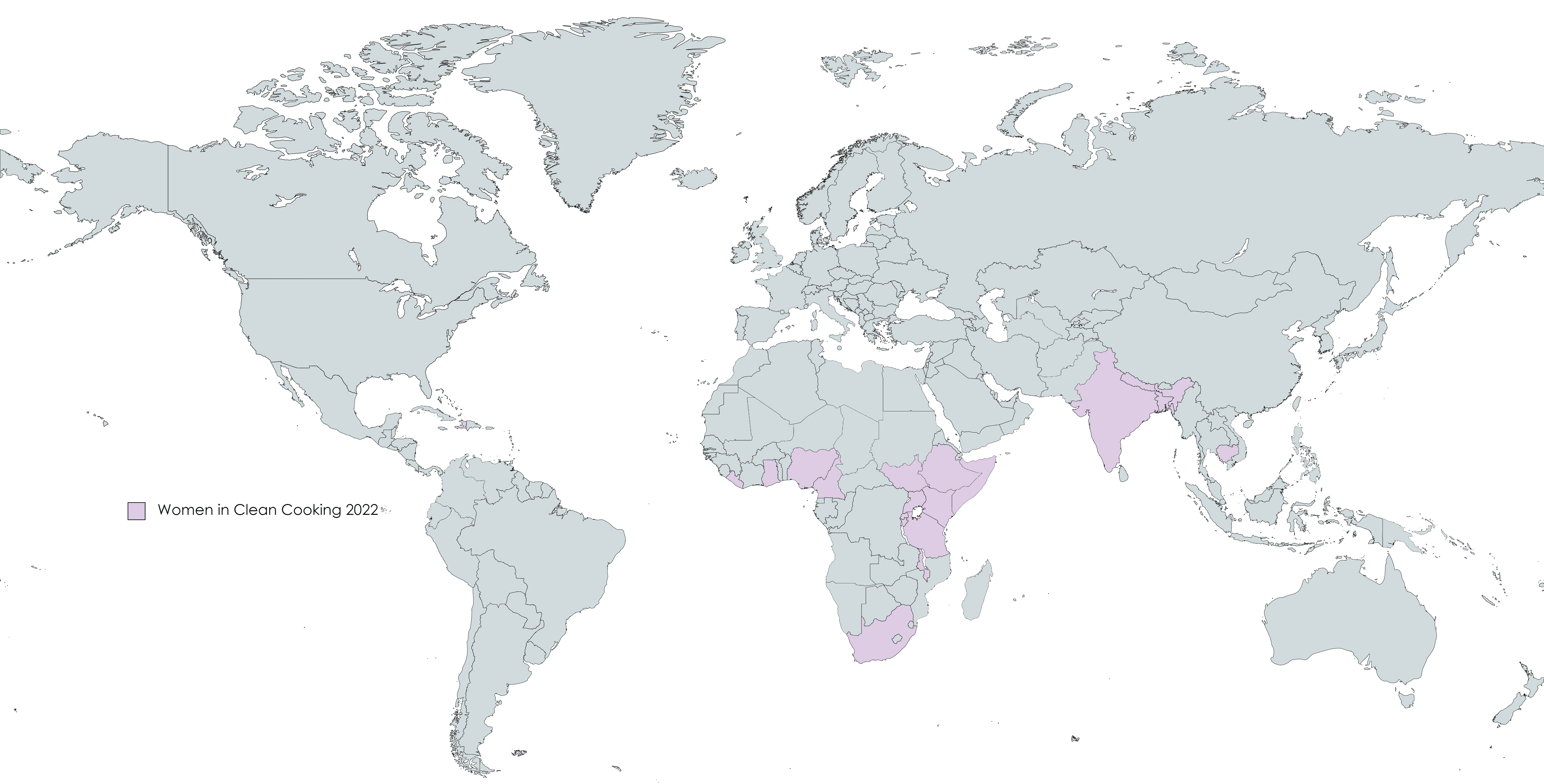 Women_in_Clean_Cooking_2022 Mentors Map of the world with women in clean cooking mentee countries highlighted in purple