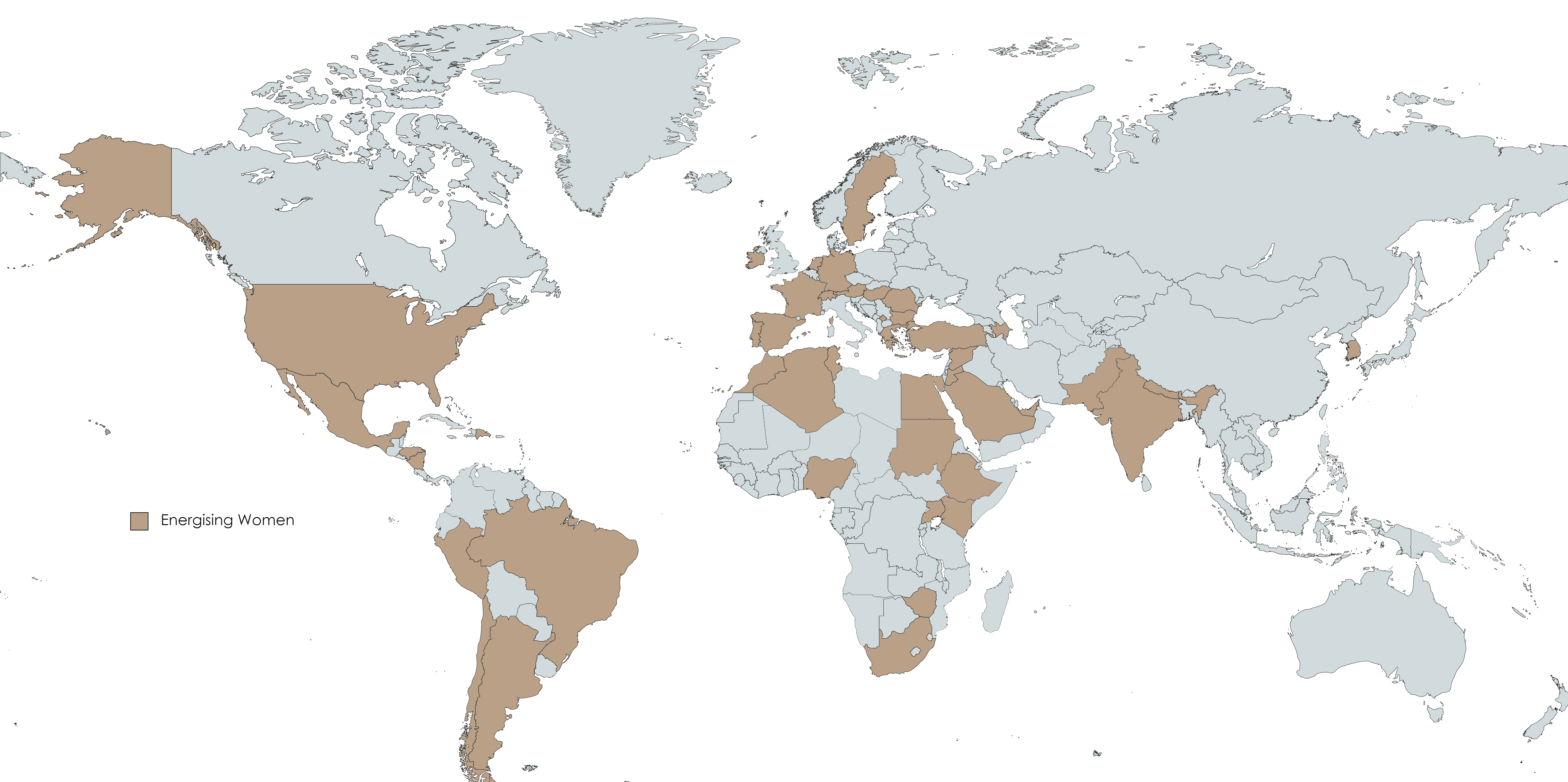Energising Women Map of the world with mentor countries highlighted