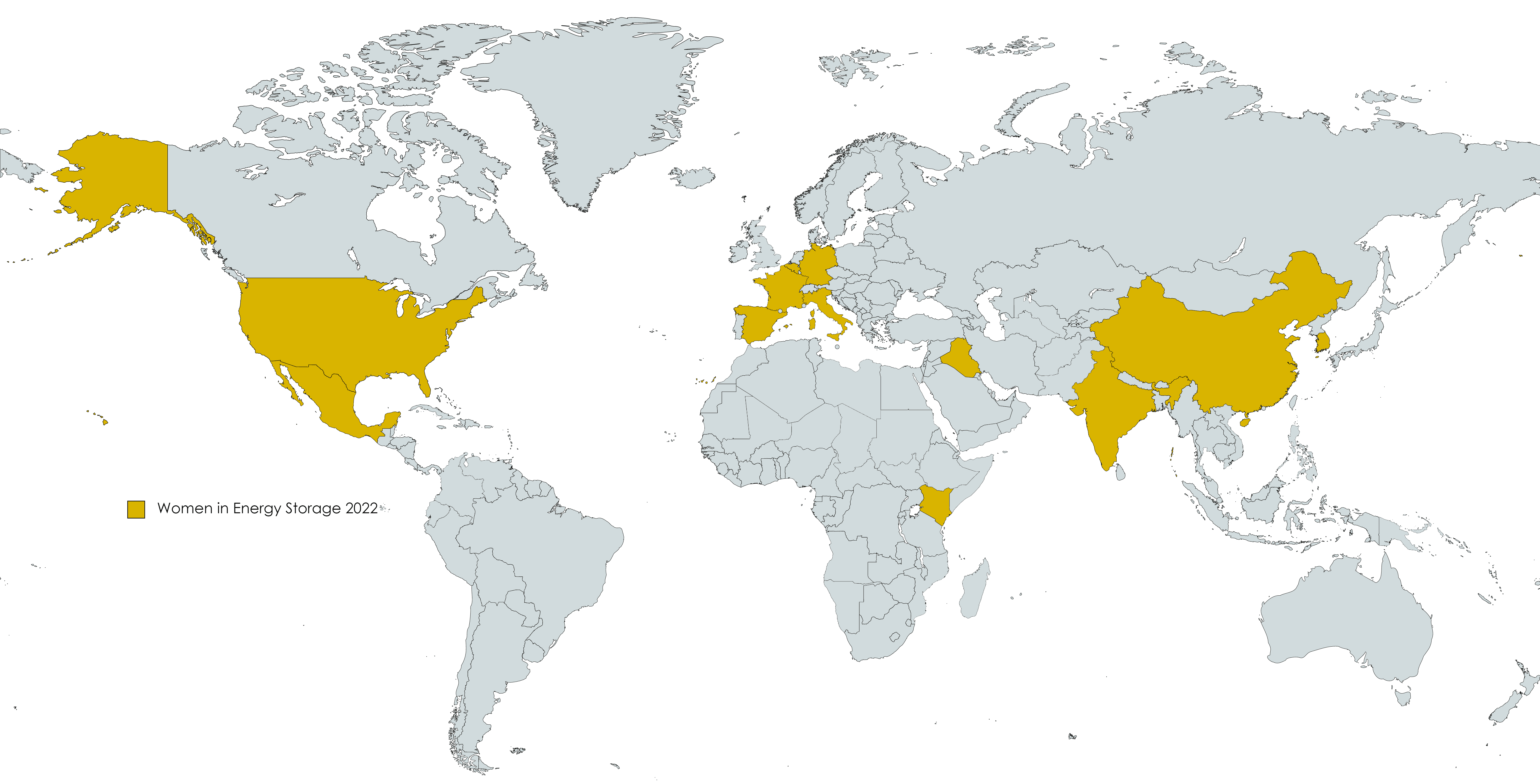 Women in energy storage 2022 mentor map Map of the world with women in energy storage mentor countries highlighted in yellow