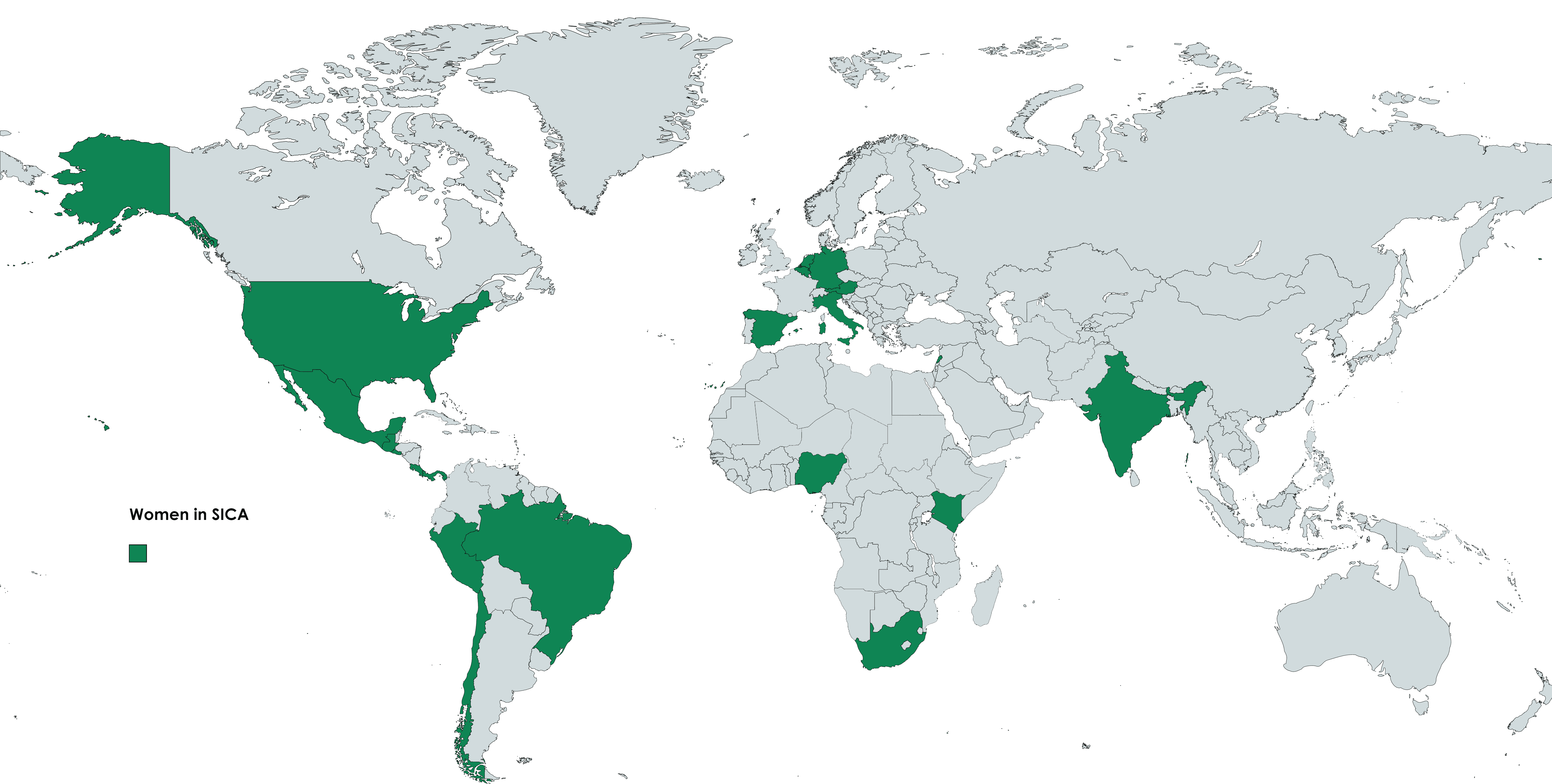 Women_in_SICA Mentors Map of the world with mentor countries highlighted