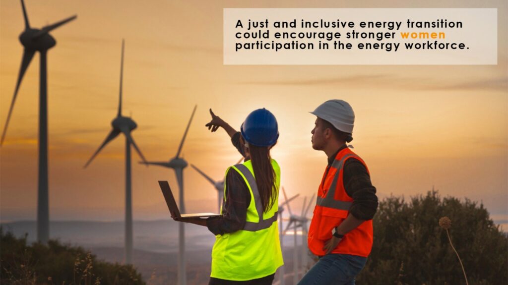 Poster of a woman and man at a wind farm