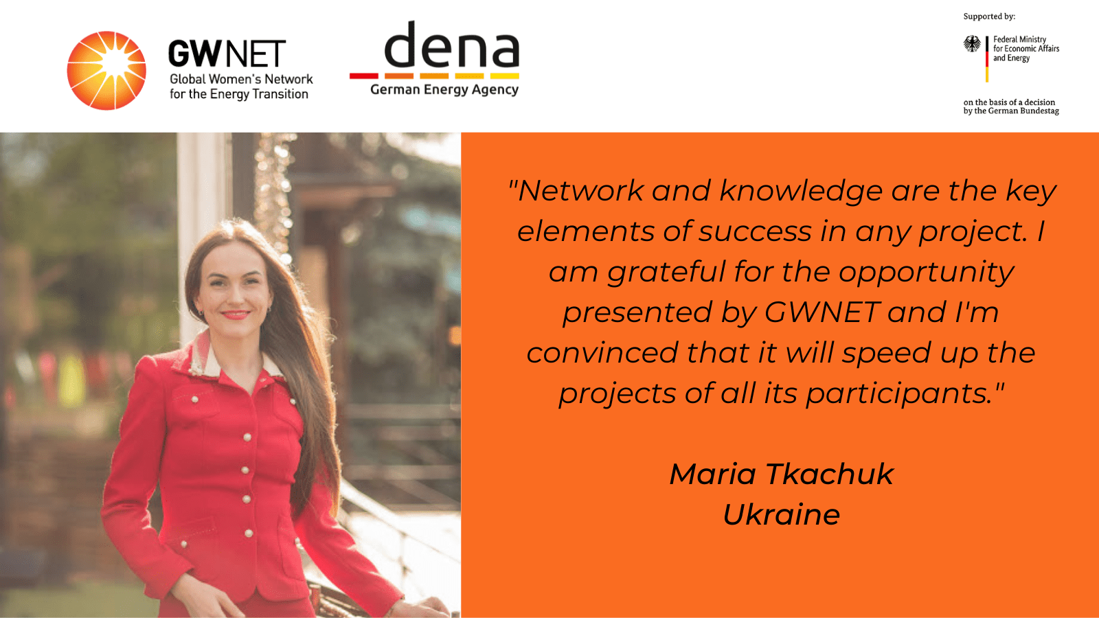 Picture of mentee and quote with organiser logos