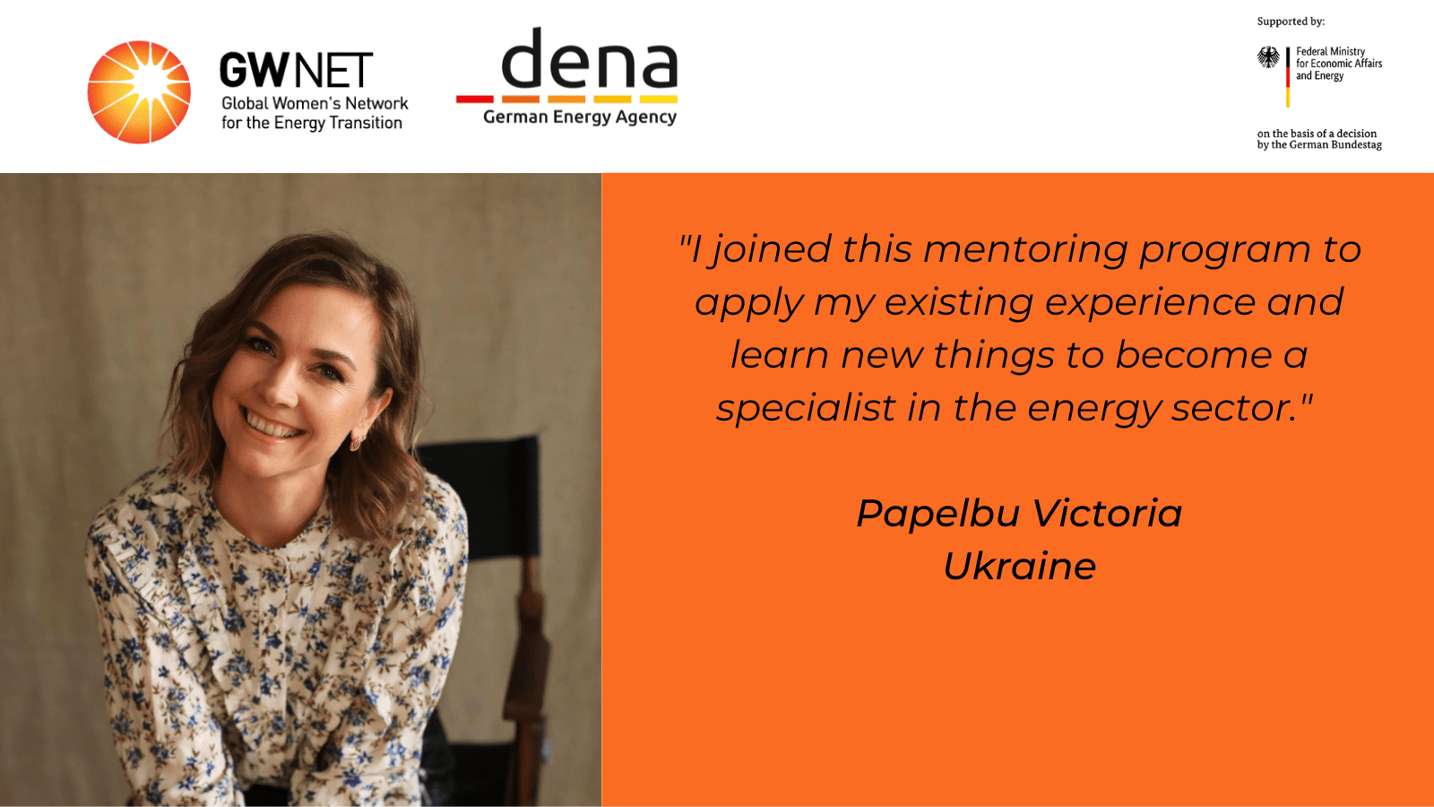 Picture of mentee and quote with organiser logos