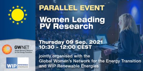 Poster with text and logos, overlayed over woman giving presentation at a conference