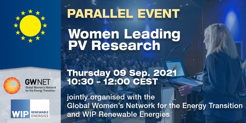 Poster with text and logos, overlayed over woman giving presentation at a conference