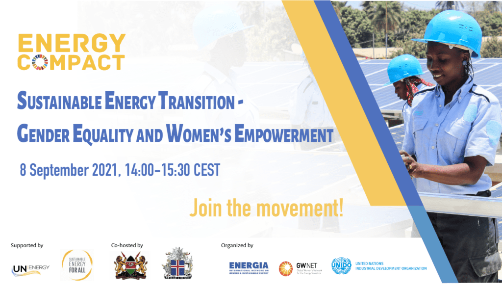 Poster with text, partner logos, and women at a solar plant