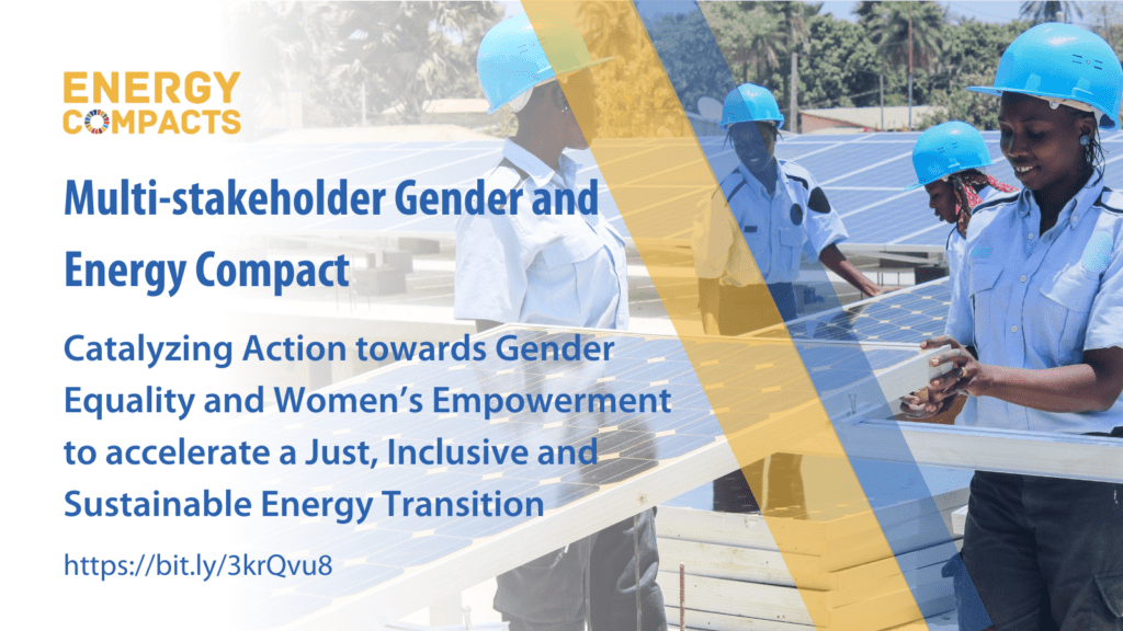 Poster with title text overlayed over women at solar panel farm