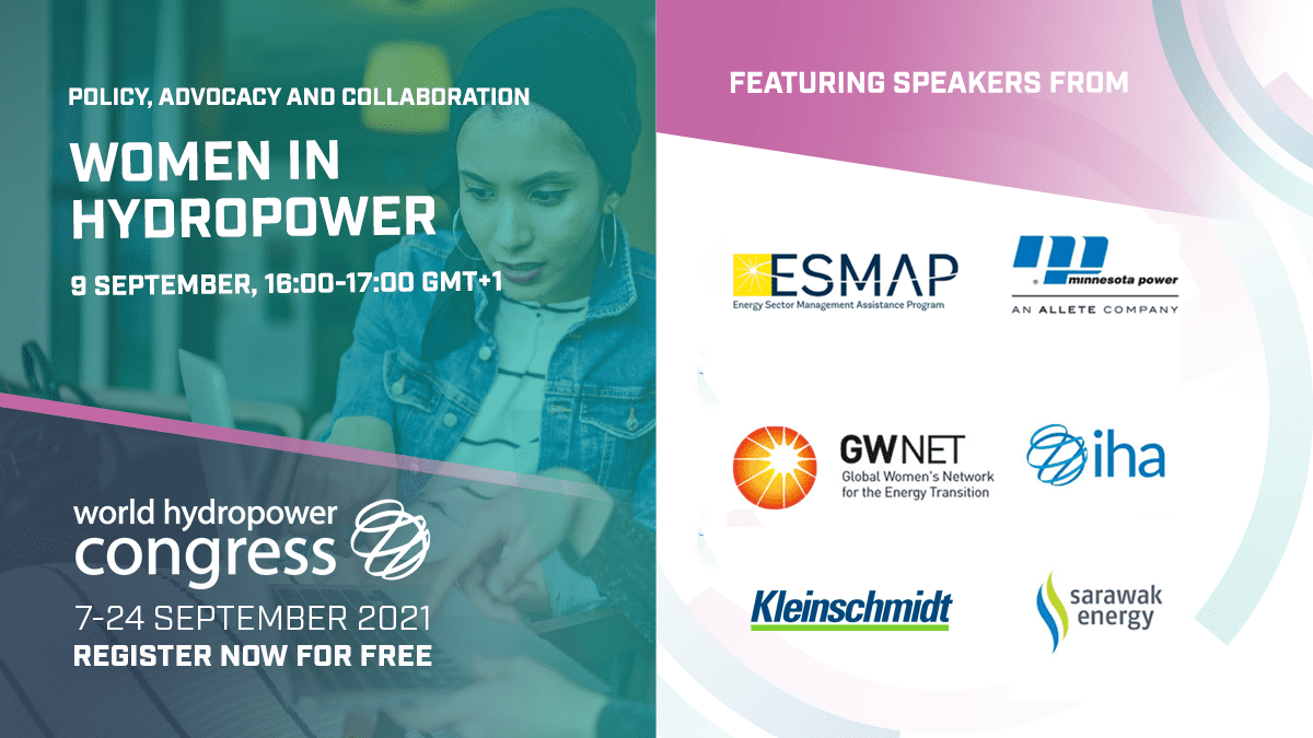 Women in Hydropower Poster with event details and partner logos, overlayed over photo of woman working