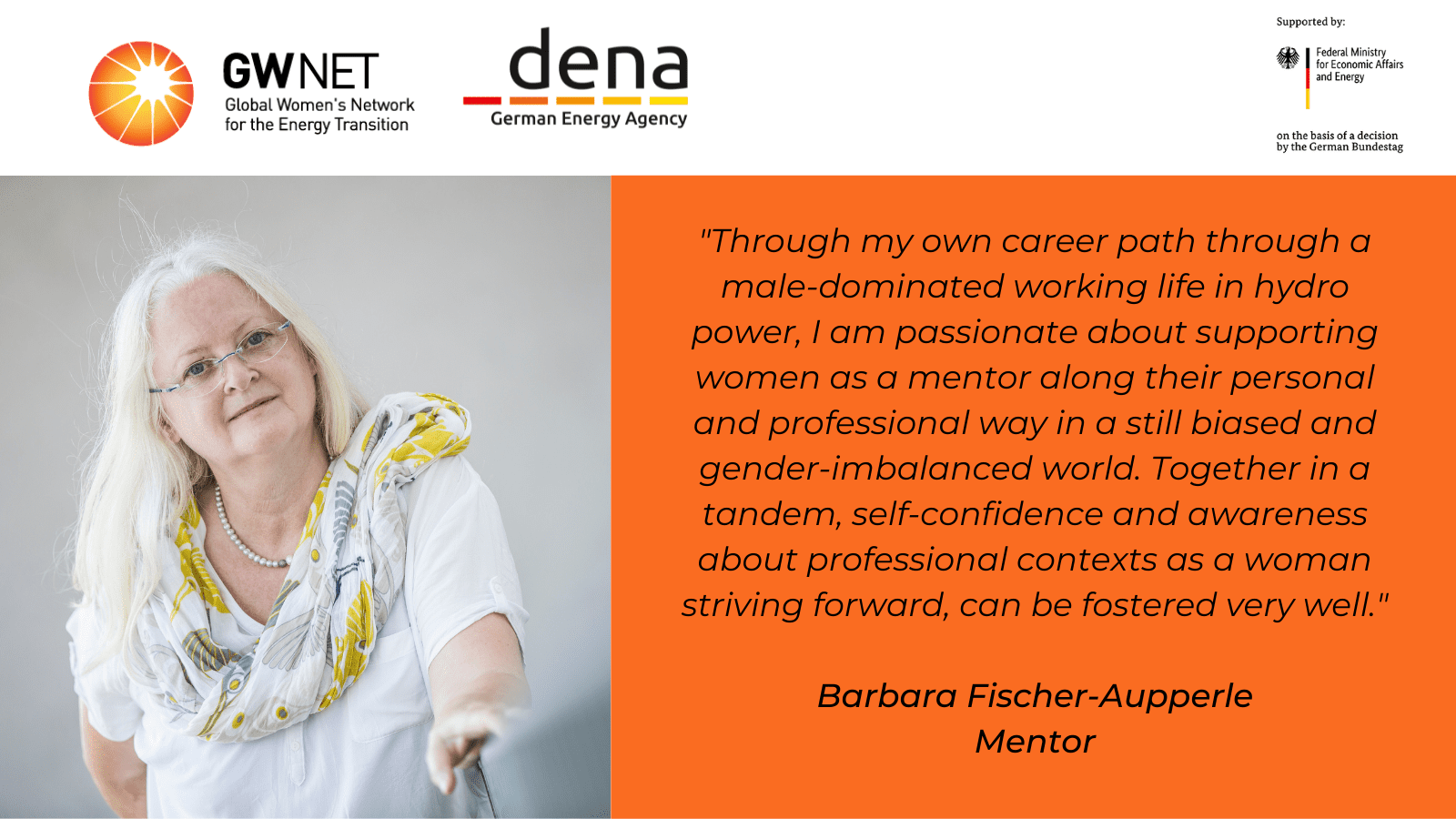 Mentor photo and quote with organiser logos