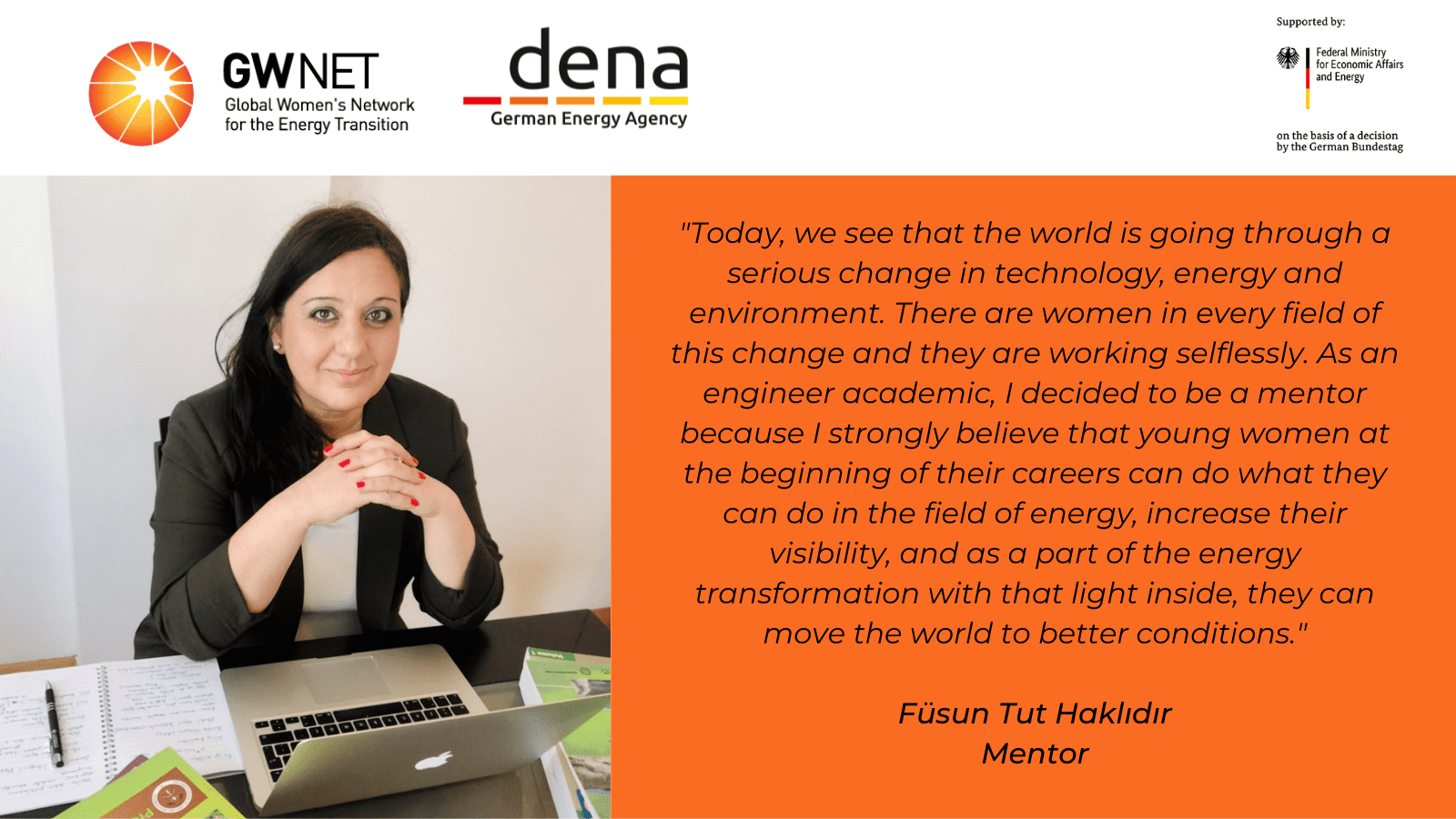 Mentor photo and quote with organiser logos