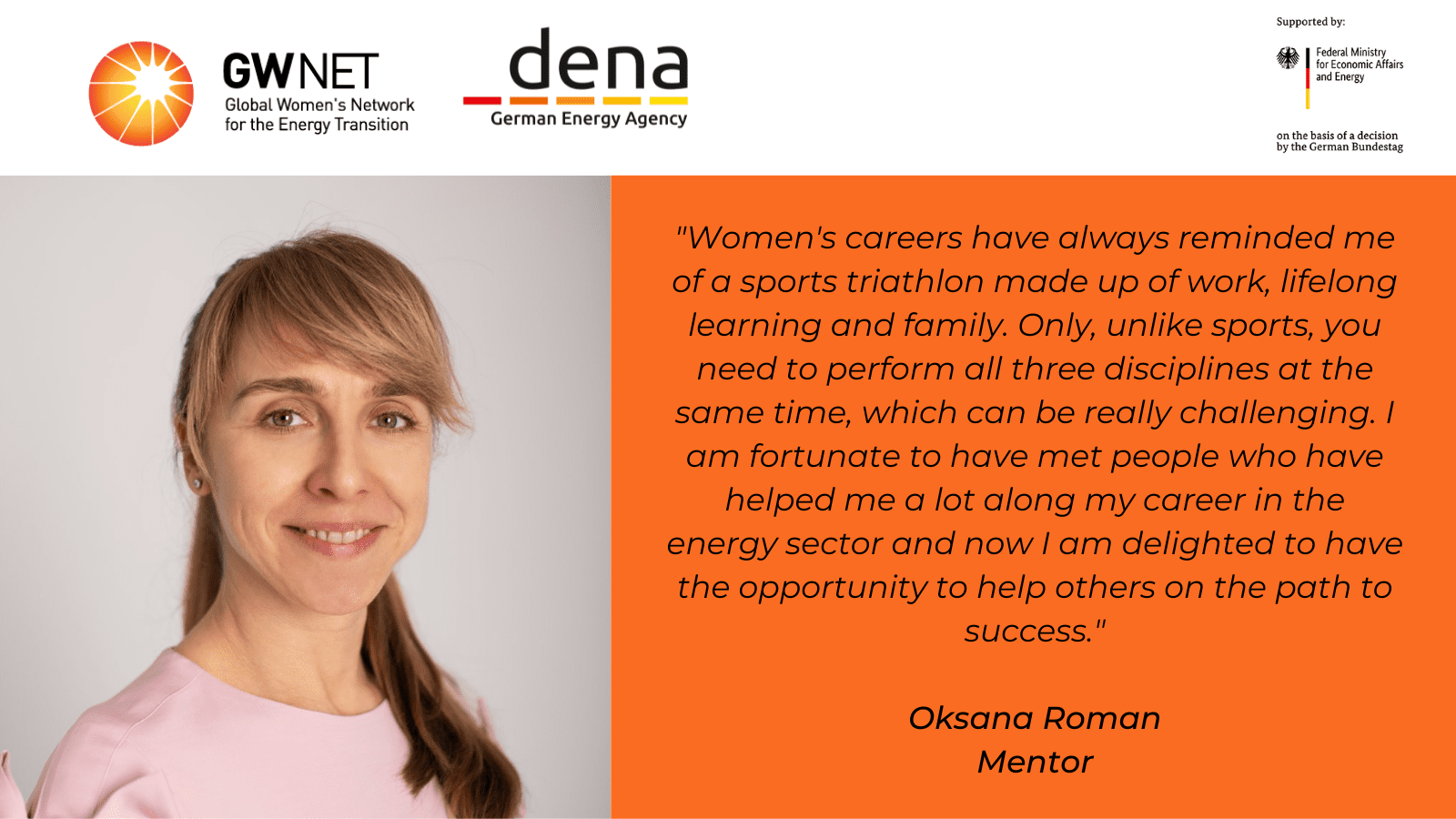 Mentor photo and quote with organiser logos