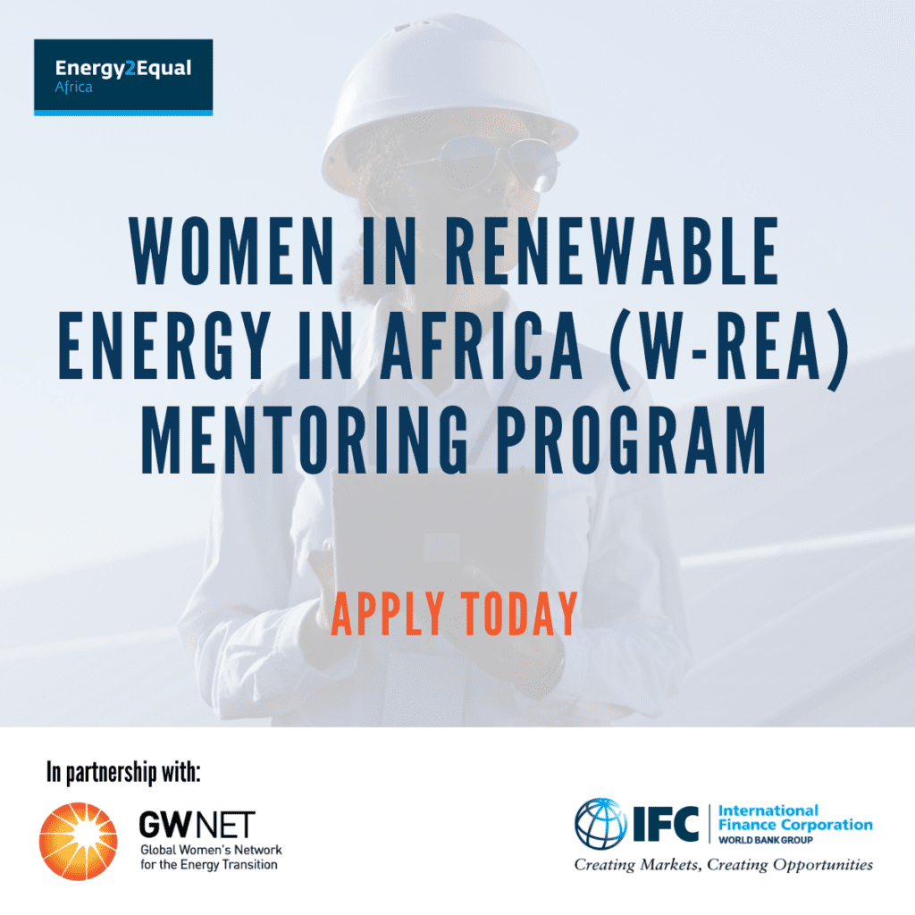Image of woman in a hard hat standing in front of solar panels, overlayed with promotion text and organiser logos
