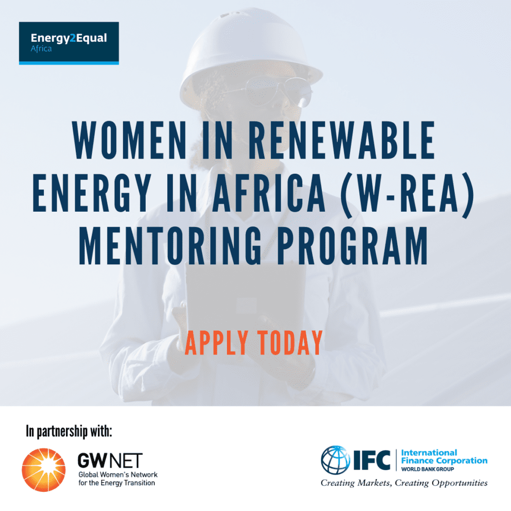 Image of woman in a hard hat standing in front of solar panels, overlayed with promotion text and organiser logos