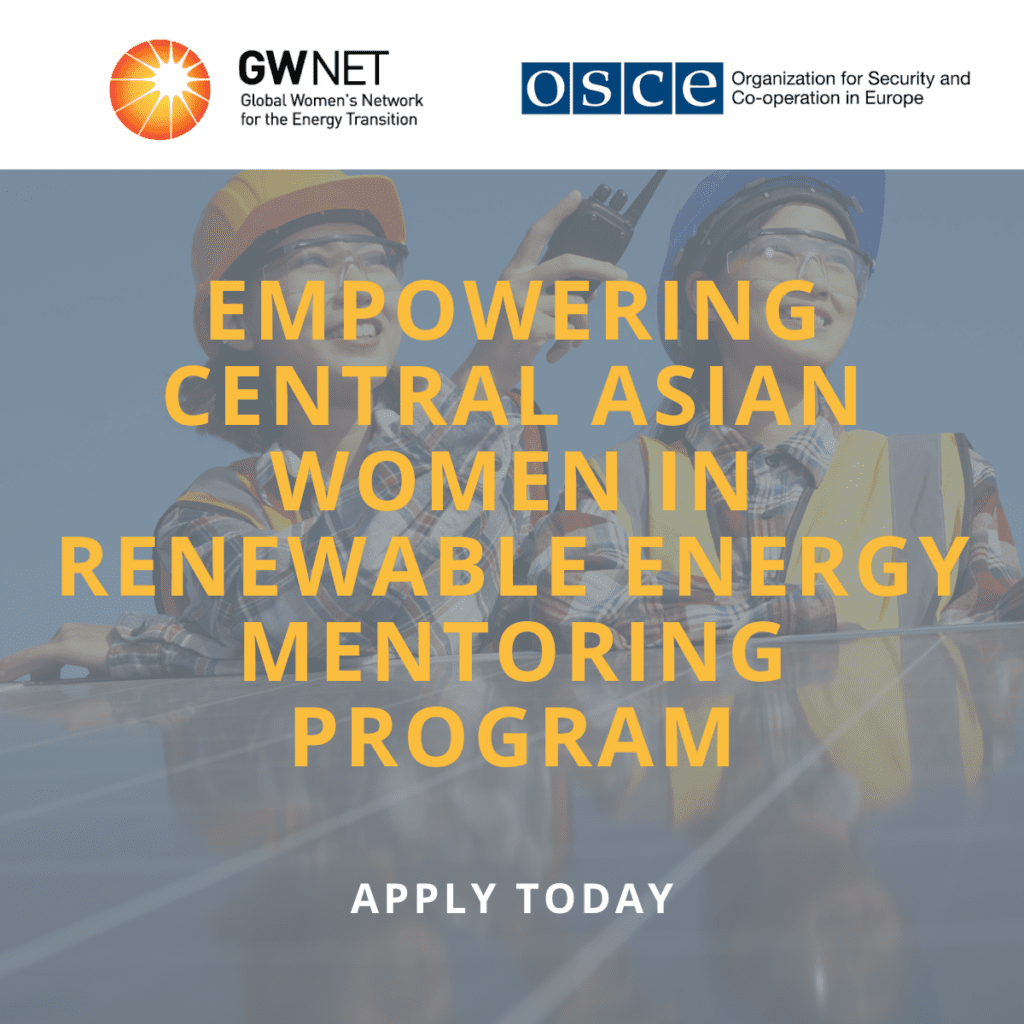 Two women standing by a solar panel, as well as organiser logos