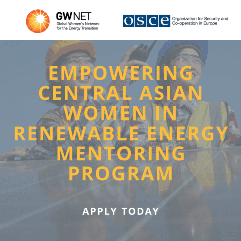 Two women standing by a solar panel, as well as organiser logos