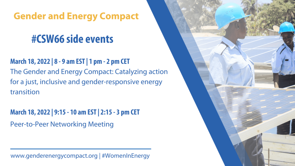 Photo of two women in front of solar panels, next to the event title, details, and social media hashtags