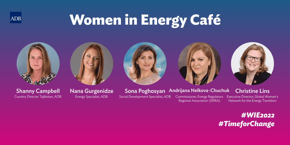 Women in energy cafe Photo, name, and bio of three women speakers, as well as name of event title