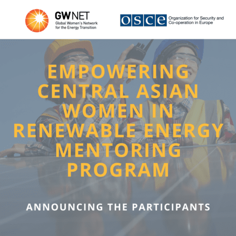 Photo of women standing behind solar panel overlayed with announcement text and organiser logos