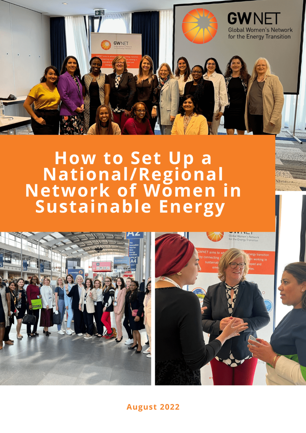 Images of women's network meetings, overlayed by resource title, and including gwnet and supporter logos