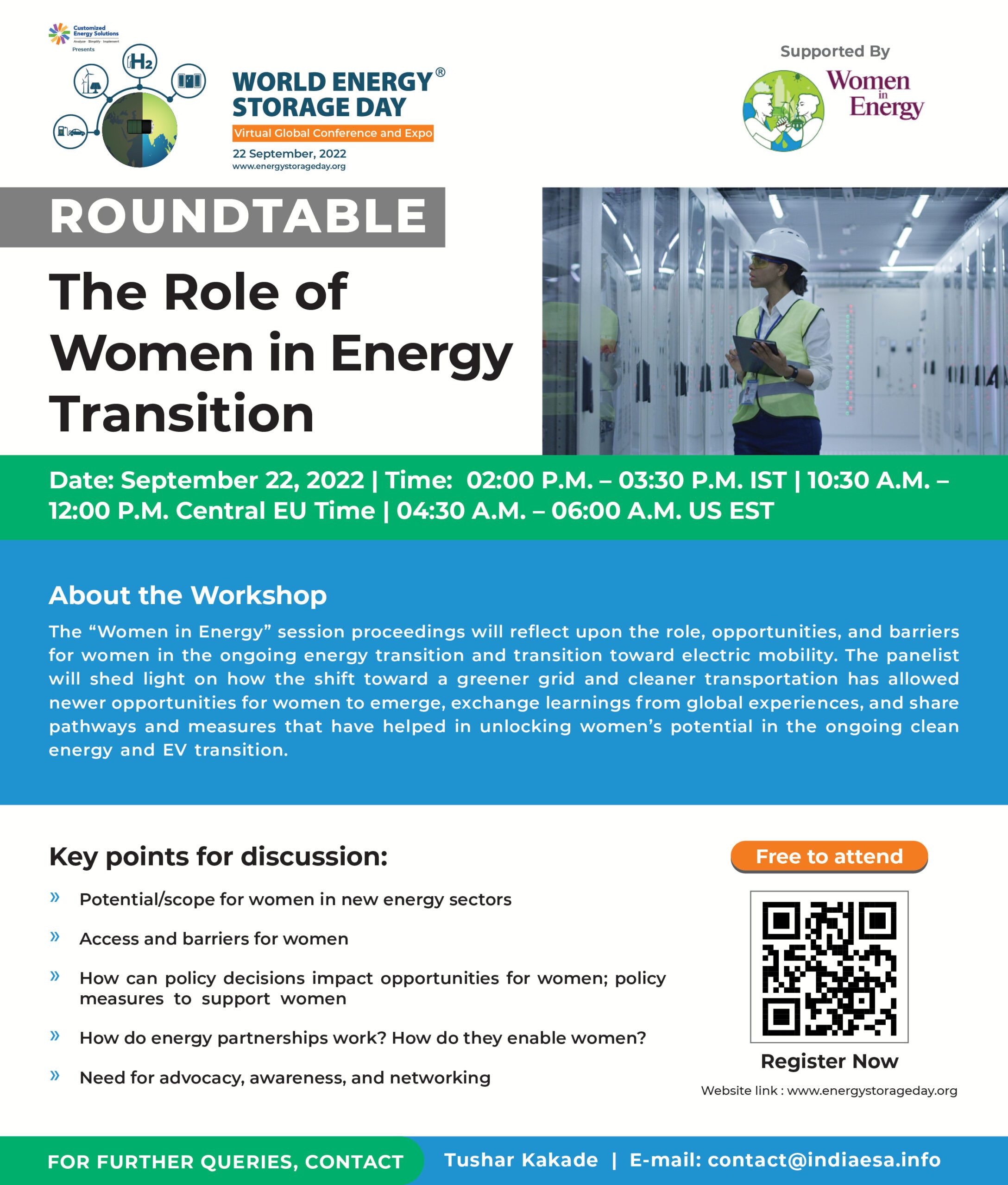 Workshop Poster - Women in Energy Event poster with description, QR code with registration link, organiser logos, and image of woman standing next to battery storage units