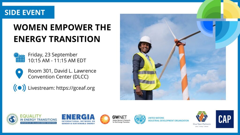 Event poster with event details, organiser logos, and image of woman standing next to wind turbine