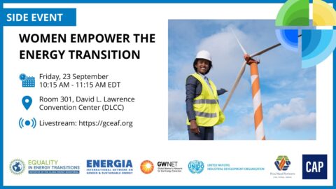 Event poster with event details, organiser logos, and image of woman standing next to wind turbine