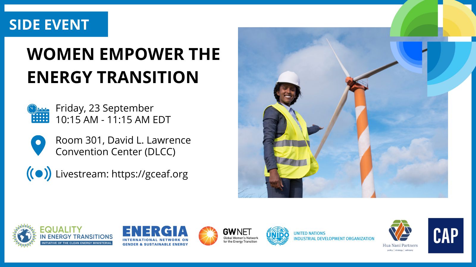 GCEAF 1 Event poster with event details, organiser logos, and image of woman standing next to wind turbine