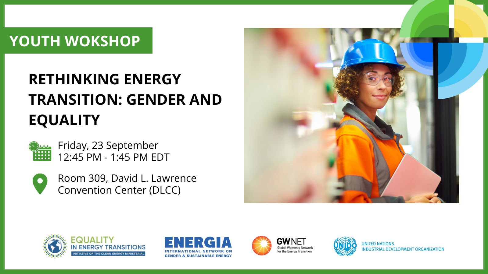 GCEAF 2 Event poster with event details, organiser logos, and image of woman wearing a hard hat