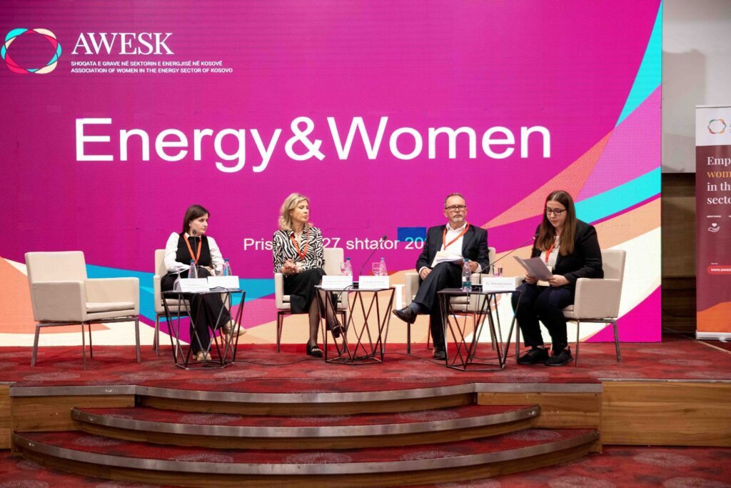 Four panelists on stage, with event poster in the background