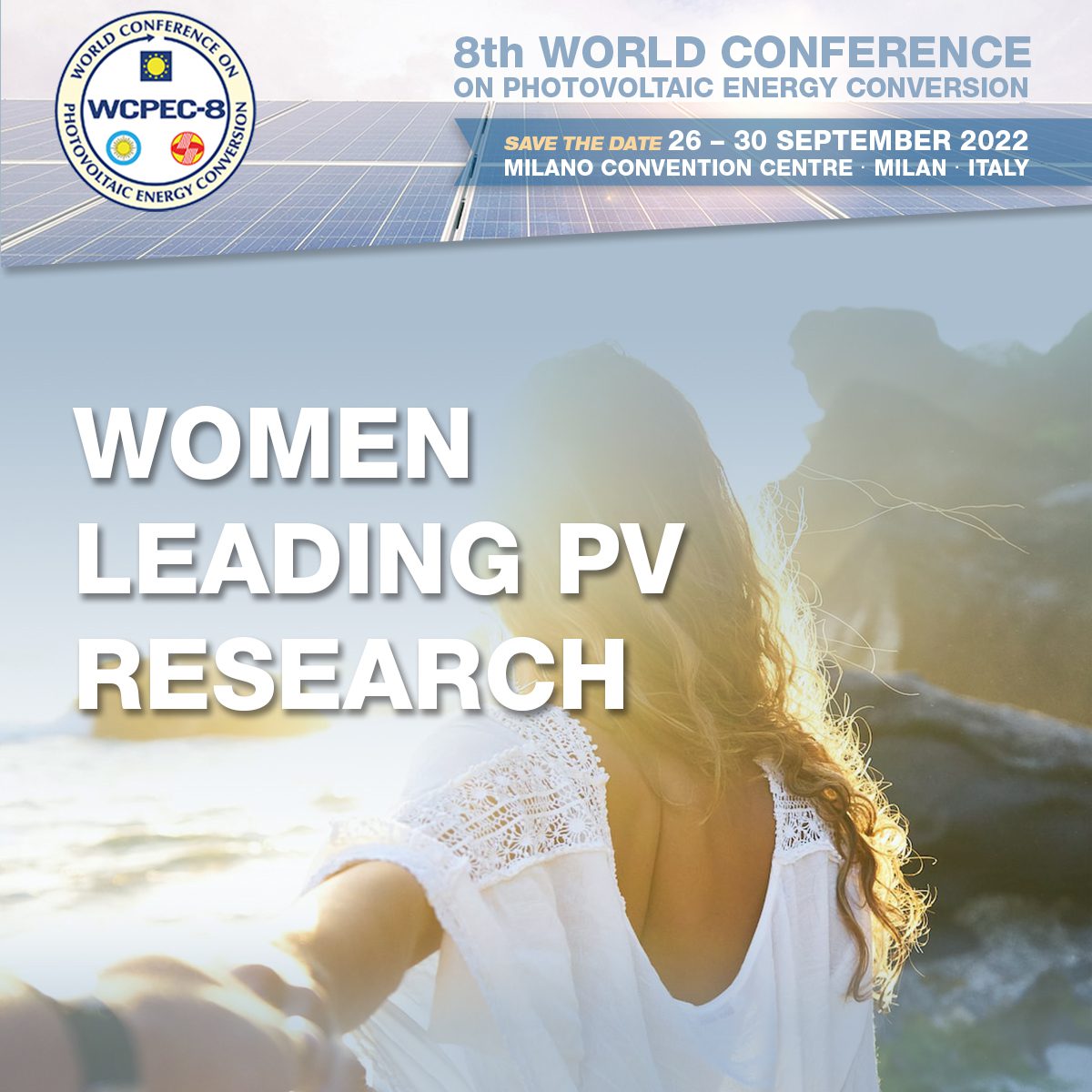 Women leading PV research Woman with back to the camera, with event details overlayed on top