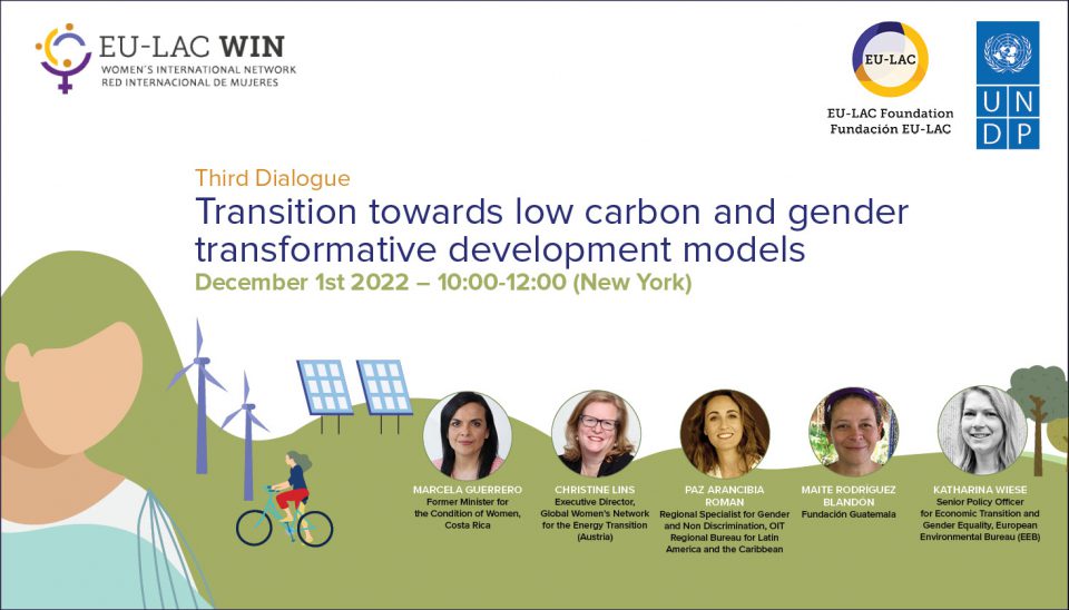 Speaker photos and job titles, against an animated background of a woman who's hair turns into hills with solar and wind panels, Organiser logos at the top
