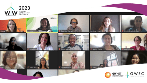 Screenshot of mentees at webinar with organiser logos on the bottom right and top left